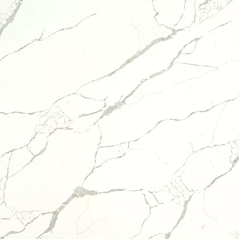 - 2 Calacatta Laza quartz slab with a bright white background and bold gray veining