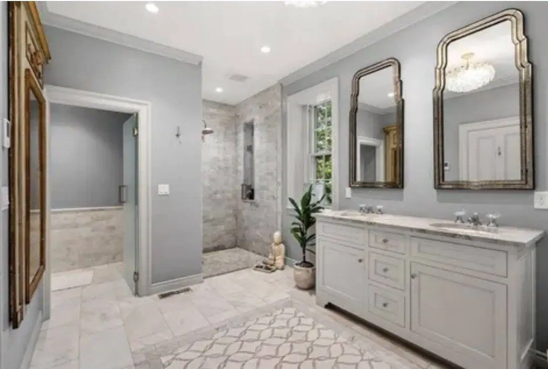 - 1 Marble bathroom with glass shower and double vanity in Burlington MA by Pablo Marble and Granite