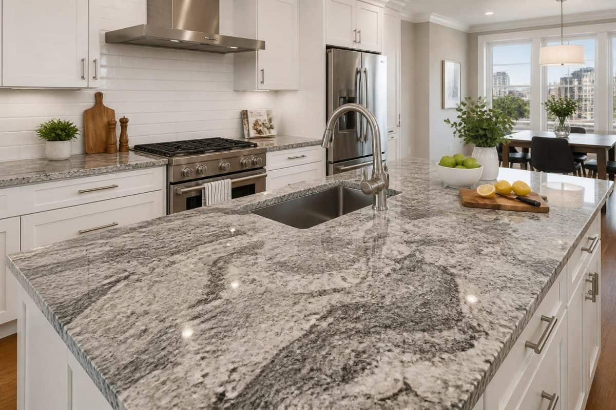 - 8 A modern kitchen with polished granite countertops, white cabinets, stainless steel sink, and natural light coming through large windows.