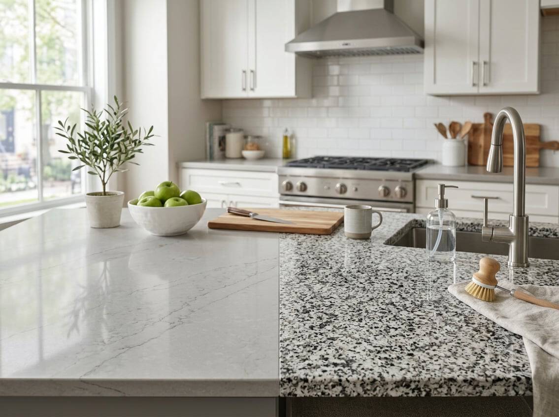 - 3 A modern kitchen countertop split between light grey quartz and dark speckled granite, with stainless steel appliances and natural light in the background.