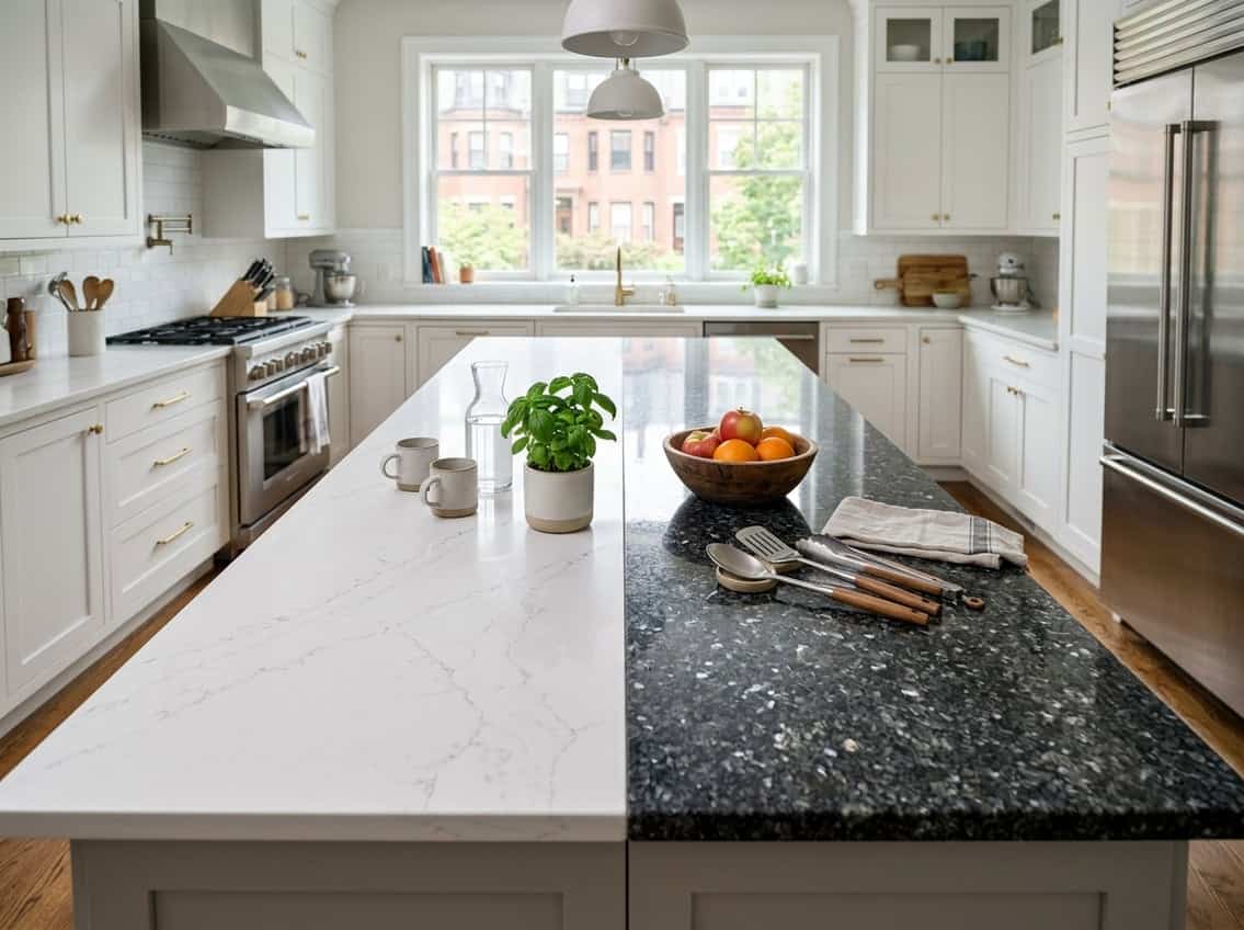 - 4 A modern kitchen with two adjacent countertops, one white quartz and one dark granite, decorated with a plant, fruit bowl, and kitchen utensils.