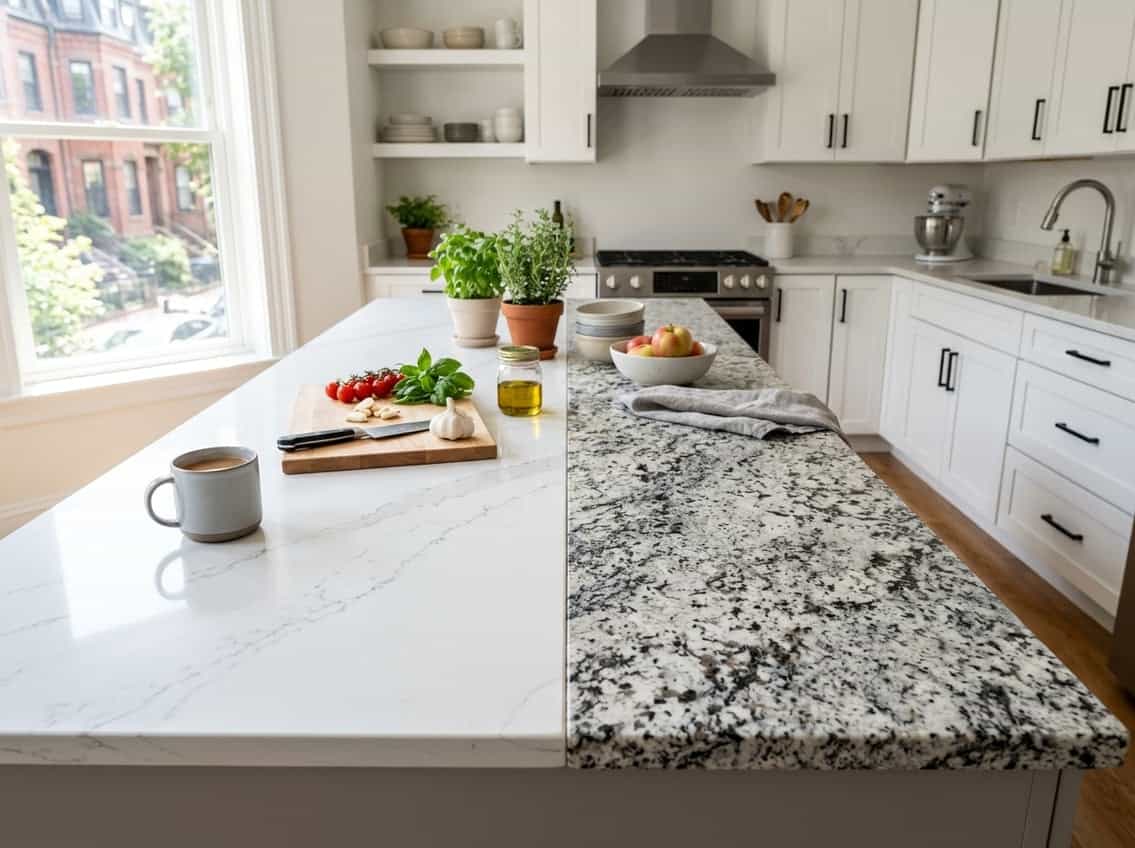 - 5 Close-up of two kitchen countertops side by side, one quartz and one granite, with kitchen utensils and fresh vegetables on them in a bright kitchen.