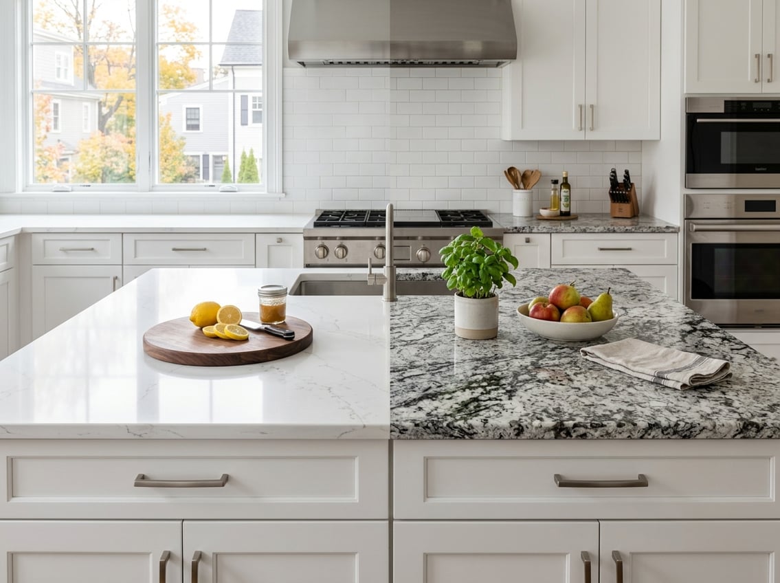 - 6 A modern kitchen showing side-by-side quartz and granite countertops with kitchen accessories and natural light.